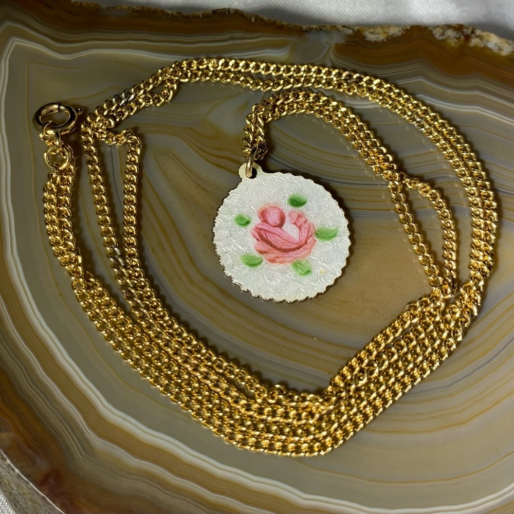 Vintage Gold Necklace with Floral Pendant Round Guiloche Enamel Rose Necklace